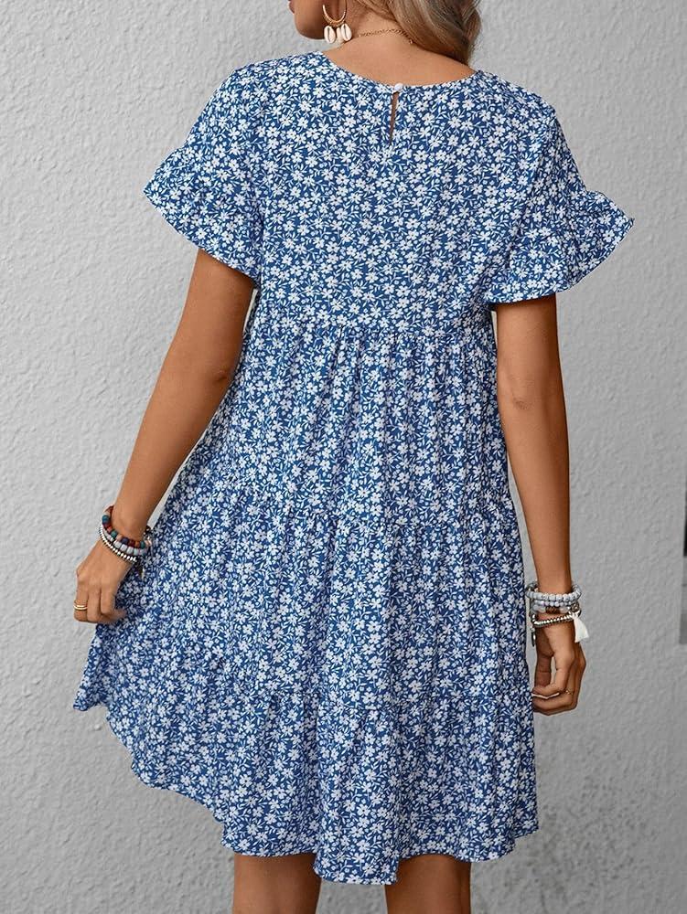 Chuanqi Womens Ruffles Boho Floral Printed Babydoll Loose Swing Casual Short Mini T-Shirt Dress Medium