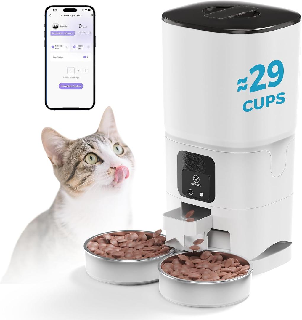 PAPIFEED Automatic Cat Feeder 2 Cats, 2.4G WiFi Cat Food Dispenser with App, 7L Timed Cat Feeder for Dry Food, 10 Meals/Day, 12 Portions/Meal, Smart Pet Feeder for Small Dog, White