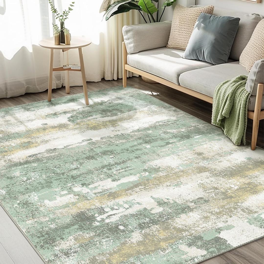 Area Rugs 9x12 for Living Room Bedroom, Modern Abstract Machine Washable Large Light Green Rug Soft Rug, Low Pile Floor Carpet with Non Slip Backing for Dining Room