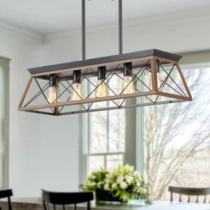 Farmhouse Kitchen Island Lighting, 5-Light Dining Room Light Fixtures, 31.5" Rectangular Chandeliers, Rustic Pendant Light Fixtures for Kitchen, Pool Table Lights, Walnutcolor