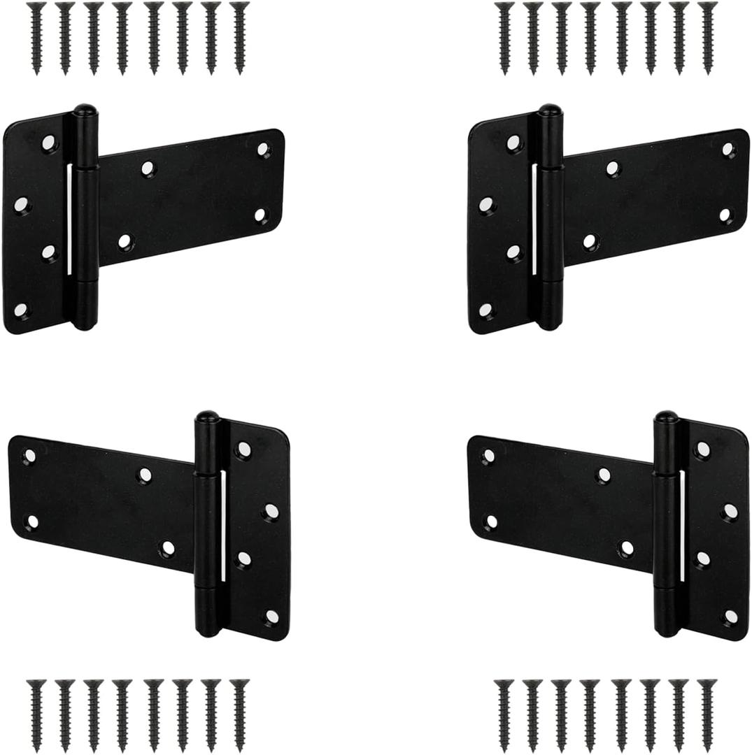 6 Heavy Duty Gate Hinges,280 Lbs Capacity Black Door Hinges4 Pack T Gate Hinges, Wrought Hardware for Wooden Fences, Barn Door, Screws Included (6 inches - 4 Pack) -Patent Pending