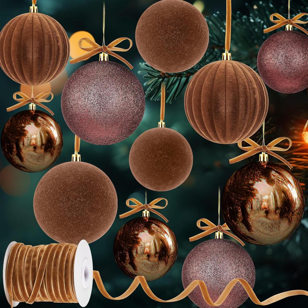 Menkxi 7 Pcs Large Velvet Christmas Balls Ornaments Shiny Glitter Flocked Christmas Tree Ornaments Hanging Decorations with Ribbon for Xmas Holiday (Brown,4 Inch)