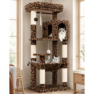 Globlazer Leopard Cat Tree Tower with Scratching Post for Indoor Cats, 53in Plush Multi-Level Cat Climbing Tower Condo House with Large Hammock, Spacious Cat Cave, Padded Top Perch, F53, Leopard Print