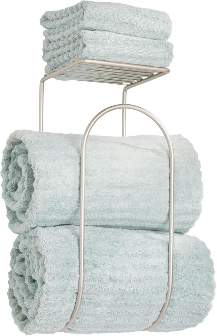 mDesign Modern Metal Wire Wall Mount Towel Rack Holder and Organizer with Storage Shelf - for Bathroom Towels, Washcloths, Hand Towels - Decorative Curved Design - Satin