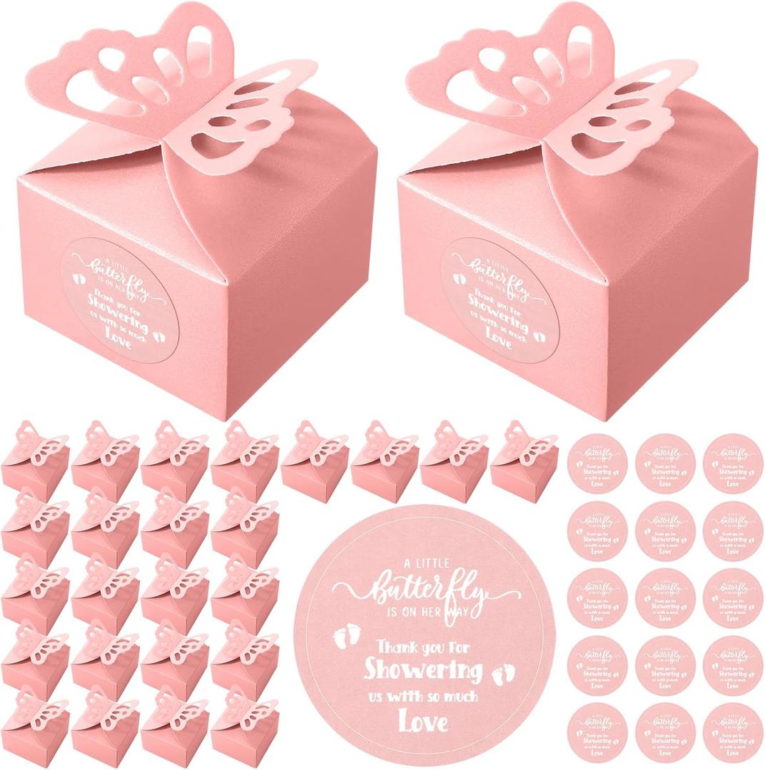 Fulmoon 100 Pieces Baby Shower Butterfly Gift Box Pink Butterfly Favor Boxes Pink Candy Baby Shower Favor with 100 Pcs Labels for Birthday Party Wedding