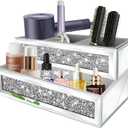 Mirror Hair Dryer Holder Upgrade Crystal Crush Diamond Hair Tool Organizer Wall Mount. Silver Bathroom Cabinet Tray for Blow Dryers, Hairdryer Straightener, Makeup,Brushes .(10.5x7x5)