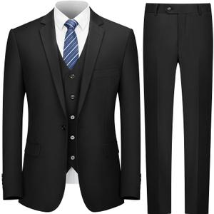 Cooper & Nelson Men's Suit Slim Fit, 3 Piece Suits for Men, One Button Solid Jacket Vest Pants with Tie, Tuxedo Set (Large, Black)
