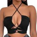 SOLY HUX Women's Cut Out Halter Tops Criss Cross Backless Ruched Party Club Crop Tops, Size S, Black