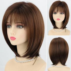 RENERSHOW Womens Layered Mid-length Ombre Brown Bob Wig with Bangs 12inch Straight Synthetic Wigs for Women Average Size Natural Looking Daily Party Wig
