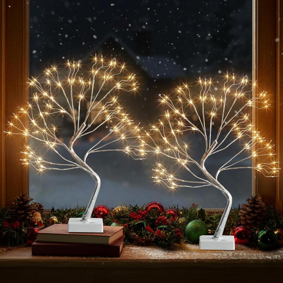 EAMBRITE Fairy Light Tree, 108 Led Light up Trees Decor Indoor, 8 Modes Fairy Light Spirit Tree for Christmas Decorations, USB& Battery Tabletop Bonsai Tree for Home Bedroom Decorations (2 PK, Sliver)