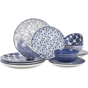 Selamica Ceramic Dinnerware Sets, 12-Pieces Plates and Bowls Sets, Scratch Resistant Dishes set for 4, Dishwasher & Microwave Safe,Vintage Blue