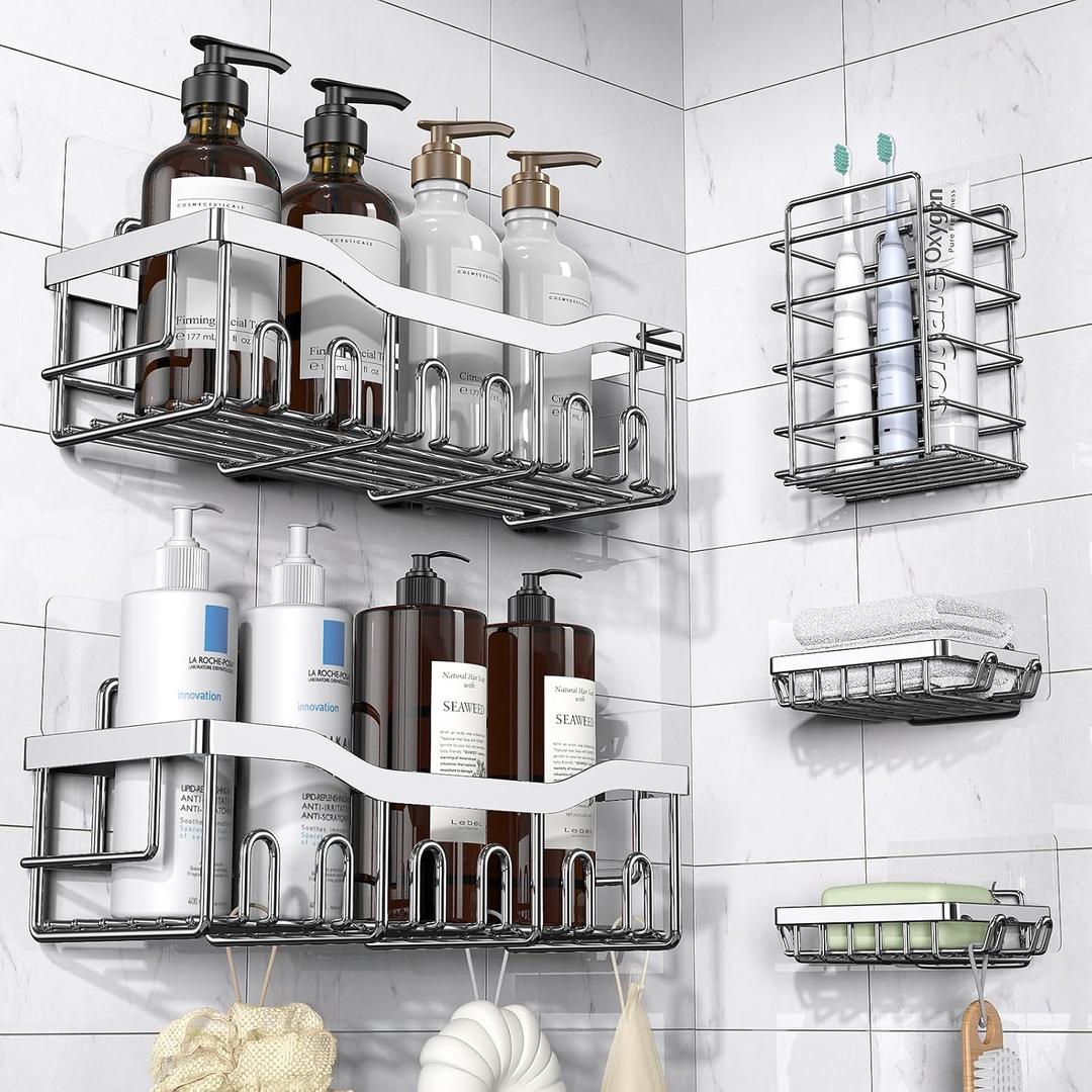 EUDELE 5-Pack Adhesive Shower Caddy Organizer, Large Capacity Rustproof Stainless Steel Shower Shelves, No Drill Bathroom Storage for Shower, Kitchen & Home Decor, Silver