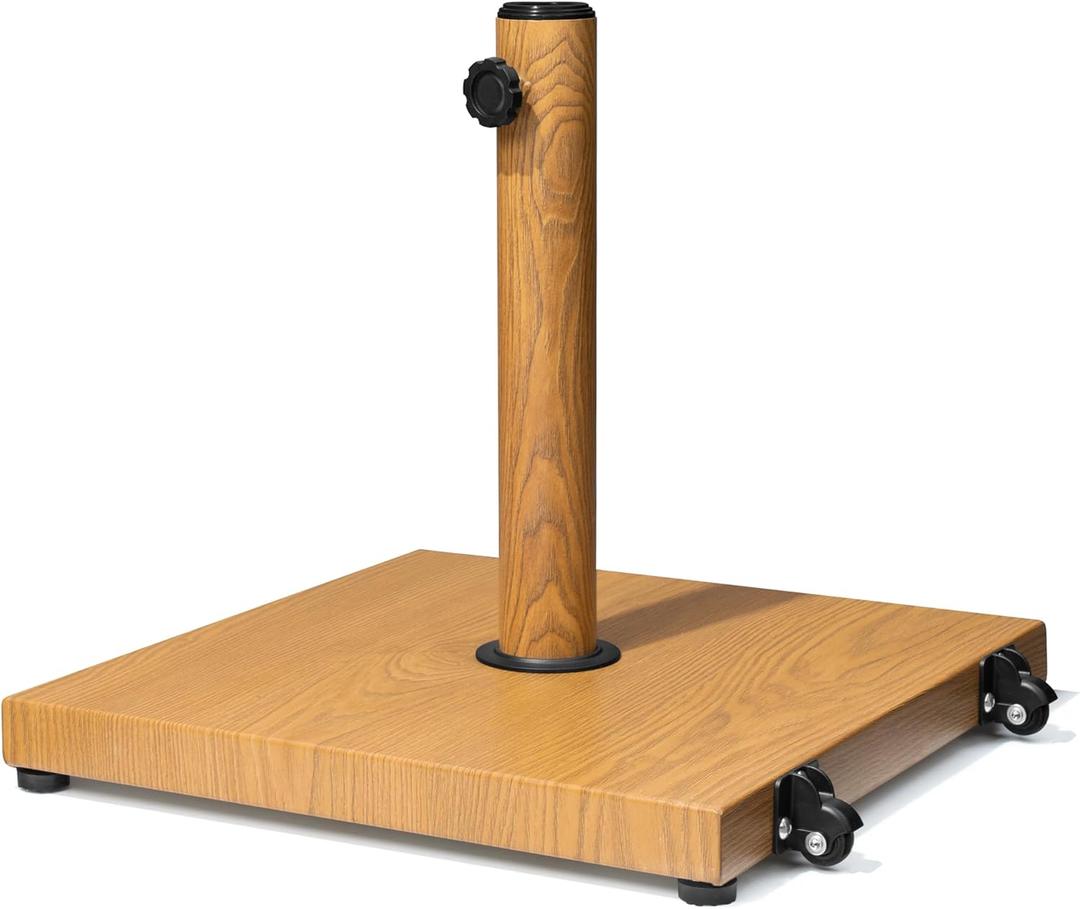 Patio Umbrella Base 43lbs Outdoor Umbrella Stand with Wheels, Heavy Duty Square Concrete Stand Market Umbrella, Teak