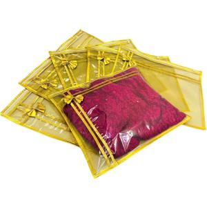 10 piece transparent single Saree/Suit Packing Sari Cover/Bag Organizer with zip for Wardrobe Storage and wedding gifting,dress covers (Golden, Pack of 10)