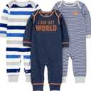 Simple Joys by Carter's baby-boys 3-pack Jumpsuits (Grey Heather Rugby Stripe/Navy Text Print/White Stripe) 3-6 M