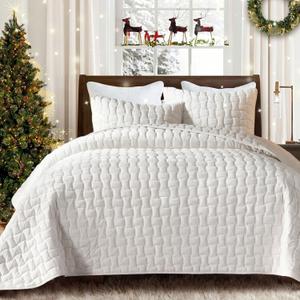 Grassix Velvet Quilt King Size - Luxury Cozy Cream White King Quilt Set, Lightweight Soft Velvet Comforter, Coverlet Bedspreads with 2 Shams for All Seasons