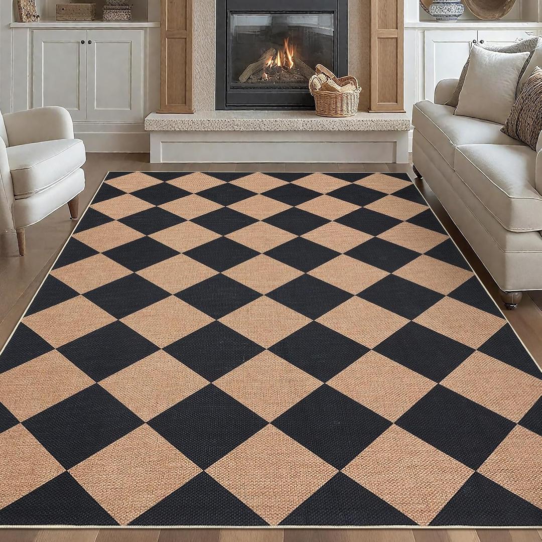 GarveeHome Easy Jute 8x10 Area Rugs for Living Room Checkered Rugs Machine Washable Non-Slip Backing Indoor Outdoor Carpets for Farmhouse Dining Room Nursery Patio Black Tan