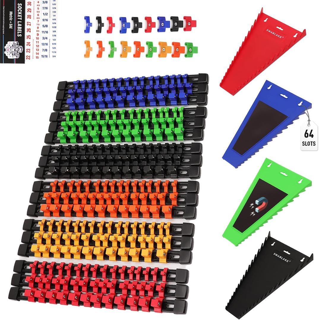 22-Piece Socket Organizer & Magnetic Wrench Organizer Set, 1/4", 3/8", 1/2" Drive Socket Holder, Total 64 Slots Metric & SAE Magnetic Wrench Holder (Socket, Wrenches not Included)