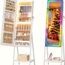 LVSOMT LED Mirror Jewelry Cabinet, Lockable Jewelry Armoire Cabinet Standing, Large Full-Length Mirror with Jewelry Storage, LED Lighted Floor Mirror, 14 RGB Lights, Christmas Gifts, White