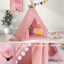 WIRHAO Teepee Tent for Kids with Padded Mat Cotton Canvas Kids Tent with Pompom for Toddlers Indoor Play Tent for Girls Boys with Stars Lights, Carry Bag, Banner Flag (Pink)