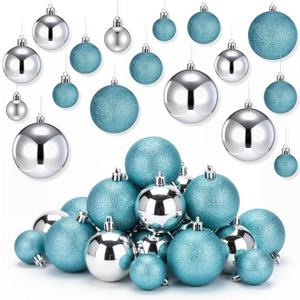 Baderke 36 Pcs 4 Sizes Christmas Ball Ornaments Xmas Christmas Tree Decorations Ball with Hanging Loop and Rope Holiday Party Wreath Home Decor (Turquoise and Silver, Mixed Style)
