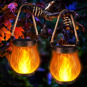Halloween Solar Flame Lantern Hanging Outdoor Waterproof Purple - 2 Pack Flame Lanterns with Dual Charging Modes of Solar & USB for Garden or Yard Halloween Decorations (Warm White - 2 Pack)