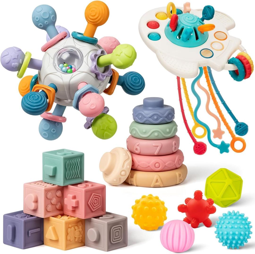 Baby Toys 6 to 12 Months, 5 In 1 Montessori Toys for 1 Year Old, Incl Travel Pull String Toy & Rattle Teether & Stacking Baby Block & Soft Infant Ring & Sensory Ball for Toddler 0-3-6-9-12 Month