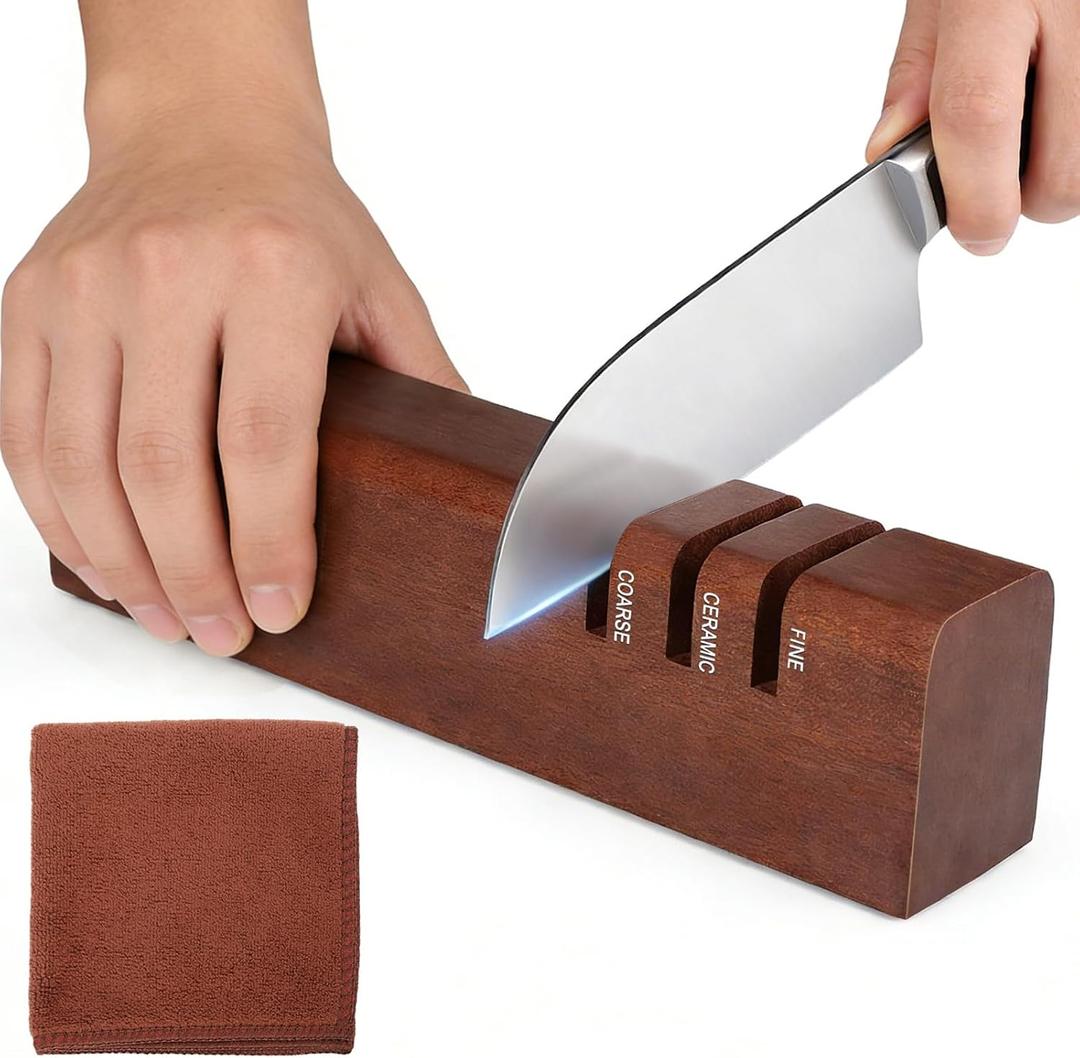 3-Stage Knife Sharpener, Carborundum+Ceramic+Tungsten Steel, 8.3"x1.6"x2" Professional Chef & Pocket Knife Sharpener with Premium Cleaning Cloth, Non-Slip Base, Universal for Kitchen/Outdoor Knives