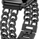 JR.DM Black Watch Bands for Women Compatible with Apple Watch Adjustable Metal Band Cowboy Steel Chain Bracelet for iWatch B4 Black, 41/40/38/42mm(series 10/11) (No Case)