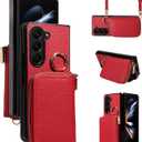 Wallet Case for Samsung Galaxy Z Fold 5 5G 2023 & Shoulder Strap Ring Buckle, Luxury PU Leather Zipper Flip Organ Purse, Card Holder Stand Phone Cover for ZFold5 Z5 G Fold5 5ZBB Women Men Red