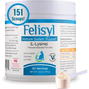 Felisyl L-Lysine Granules for Cats 100g (3.5 oz, 310 Servings)  Supports Immune, Respiratory, and Eye Health. Eases Sneezing, Runny Nose, and Watery Eyes. Tasty Salmon Flavor - Made in The USA