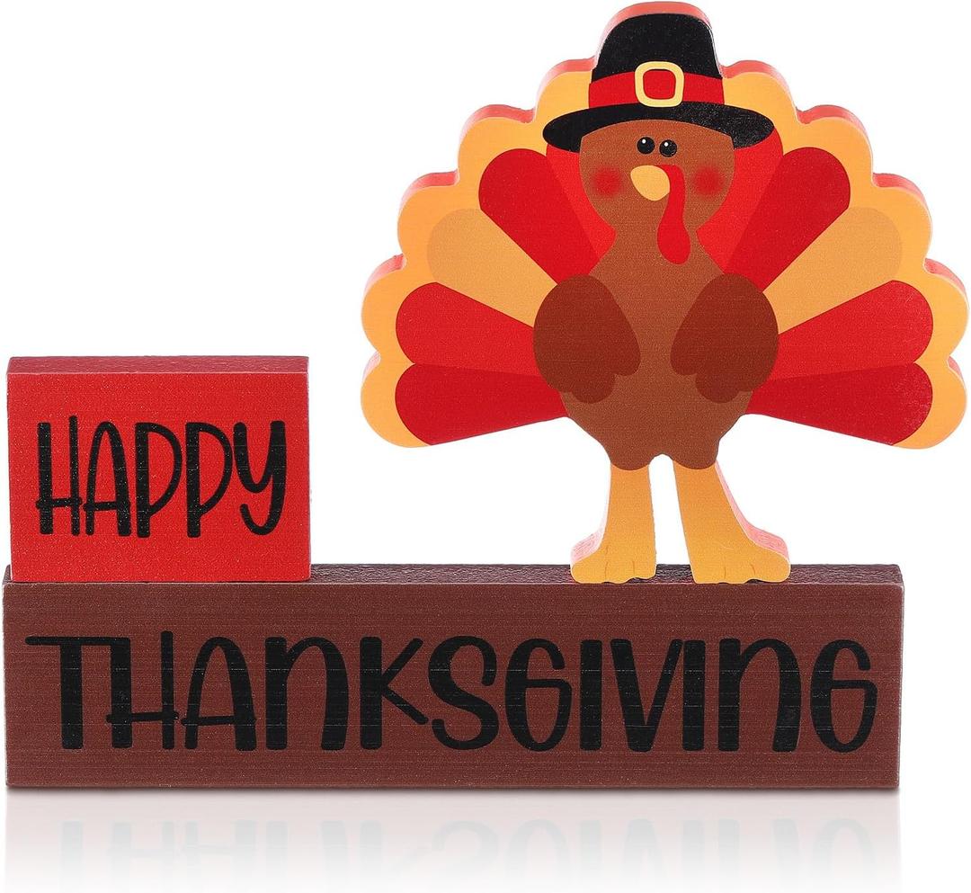 3 Pcs Happy Thanksgiving Turkey Table Sign Set Thanksgiving Tiered Tray Decor Wood Turkey Table Centerpiece Block Signs Gift for Home Kitchen Shelf Harvest Party Decoration