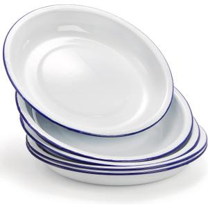 Dicunoy Set of 5 Enamel Plates, 9.5" Unbreakable Enamelware Dinner Serving Platter Trays, Retro White Round Shallow Bowls with Blue Rim for Pasta, Salad, Camping, Outdoor, Picnic, BBQ