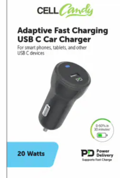 Cell Candy Adaptive Fast Charging USB C Car Charger 20W