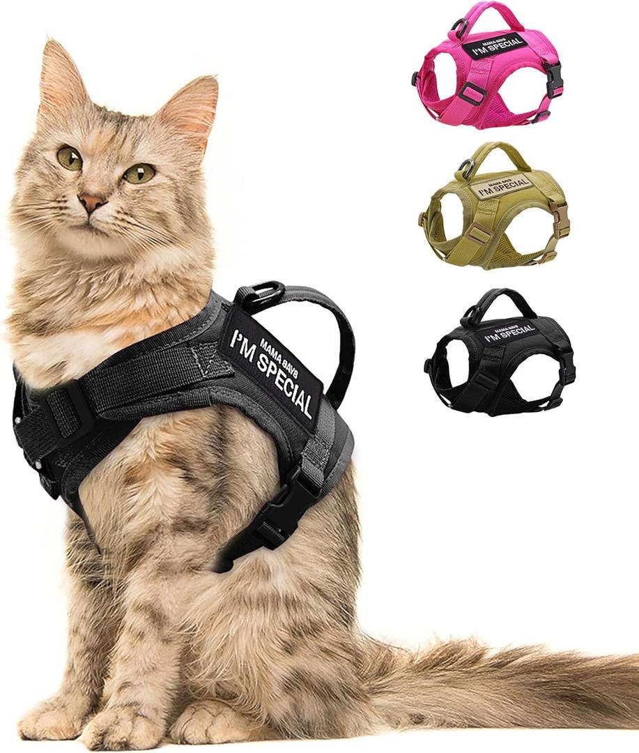 Forestpaw Cat Harness Escape Proof for Walking, Adjustable Cat Vest Harness with Soft Mesh Padded, Tactical Cat Harness with Control Handle, Molle Patches, Black (Chest 12-17",Neck 8.0-12.5",5-20LB)