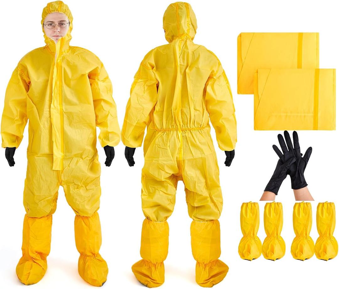 TrelaCo 2 Sets Halloween Cosplay Costumes Yellow Hazmat Suit Jumpsuit for Adult Men Disposable Protective Coverall Suit with Shoe Cover and Glove Breathable Paint Coverall,XL
