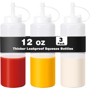 Rainspire 3-Pack 12oz Upgraded Thickened Durable Leak-Proof Condiment Squeeze Bottles for Sauces/Oil/Arts and Crafts, Dishwasher Safe, White