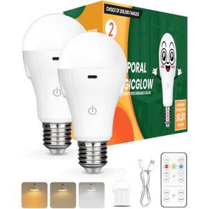 Neporal MagicGlow USB Rechargeable Light Bulbs, 3-Color Shift + 10%-100% Dimmable, Remote+Touch Control, 1800mAh Large Battery 3-20-Hour Lights Up,15W A19 E26/E27 Battery Operated Light Bulb, 2-Pack