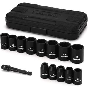 14 Pieces 3/8-Inch Drive Impact Socket Set, 12-Point, Metric, Shallow, CR-V, 7mm to 19mm, Drill Socket Adapter 3/8"