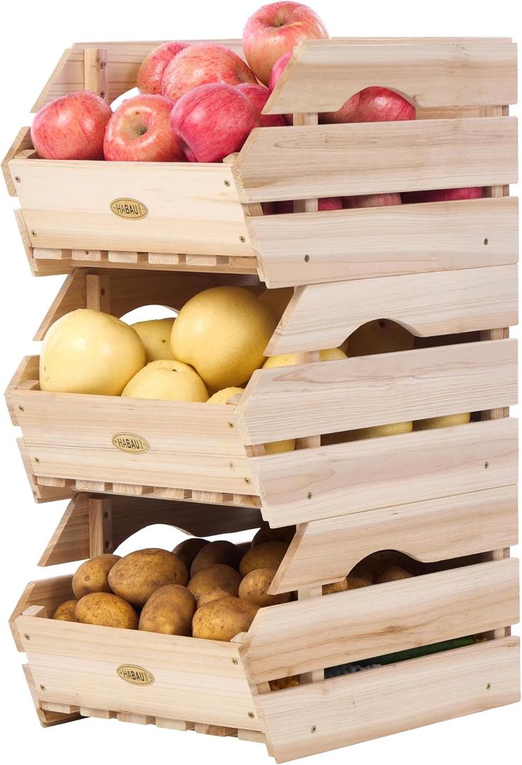 HABAU Wood Potato Onion Storage Bins - Wooden Stackable Produce Basket - Fruit Vegetable Storage for Kitchen Pantry Organization, Set 3 Pieces (Natural)