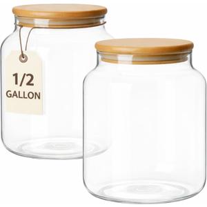 kitchentoolz 1/2Gallon Mason Jar 64oz Wide Mouth Half Gallon Glass Jar with Wooden Lid 2Pack Large Mason Jars for Kitchen Storage, Pantry Organization & Decorative Use
