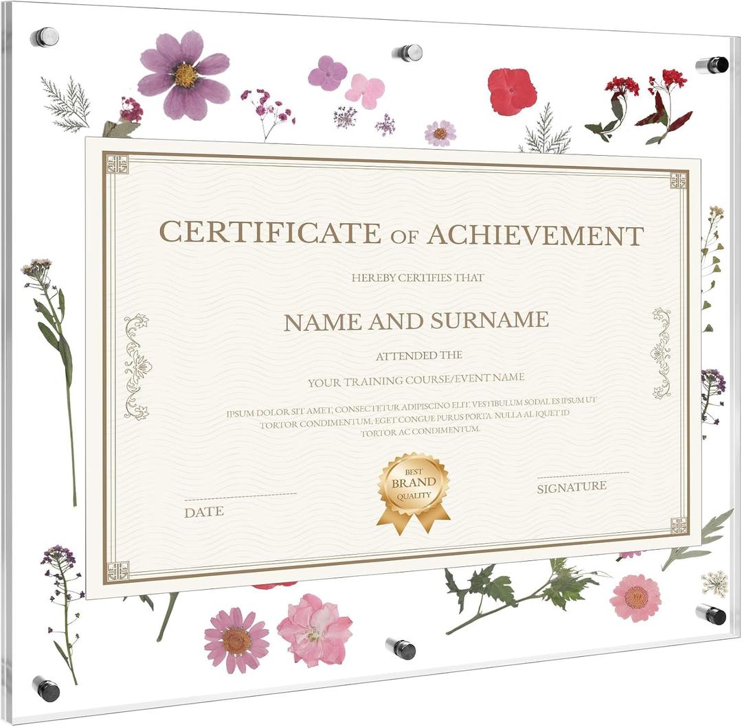 Aneco Graduation Diploma Frame 16x20 Inches Self Adhesive Acrylic Certificate Frame with Dried Pressed Flowers No Drill Clear Wall Photo Frames for Degree Poster Poster Artworks DIY Craft