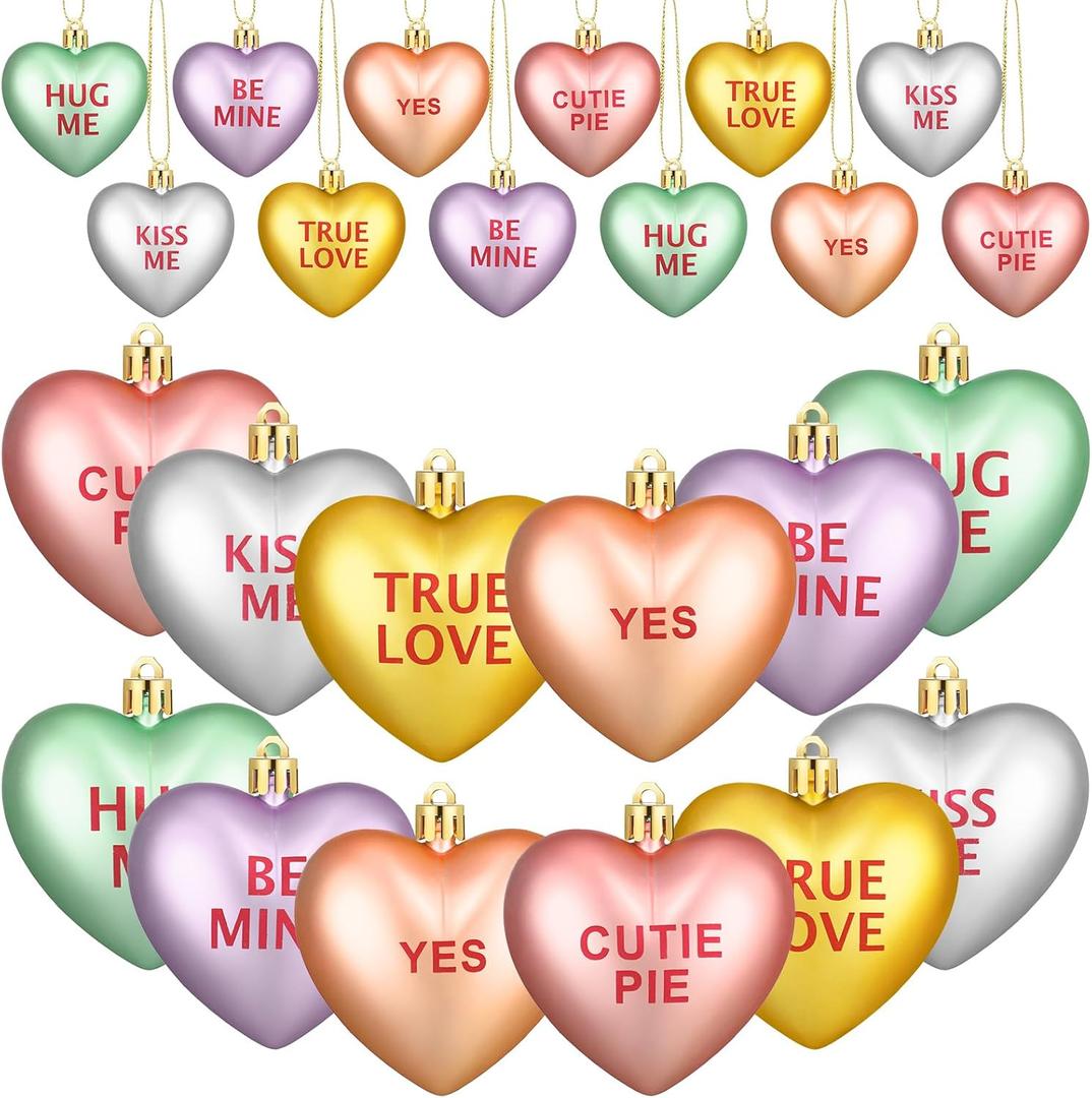 24 Pcs Valentines Day Plastic Conversation Hearts Candy Love Letter Charms Heart Ornaments Hanging for DIY Jewelry Making