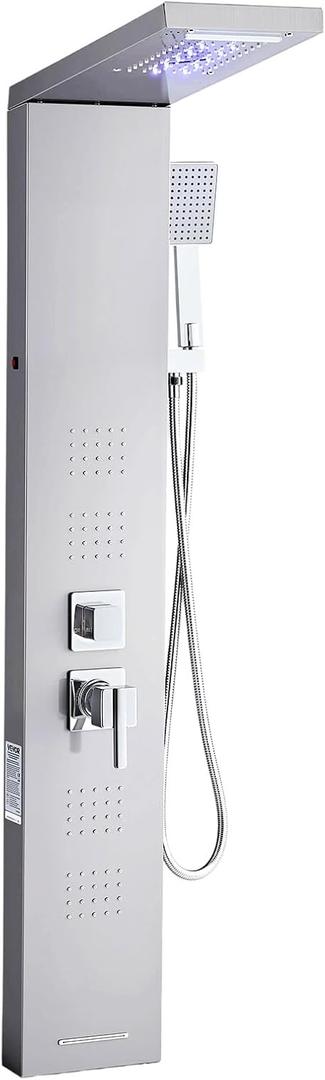 VEVOR Shower Panel Tower System with Rainfall Waterfall Shower Head, LED, 53 in Brushed Stainless Steel Shower Column, 5-Function Faucet, Wall-Mount Rain Massage System, with Handheld and Tub Spout