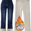 Yehopere Women's Fleece Lined Jeans Straight Leg Wide Jeans Winter Sherpa Flannel Lined Thermal Denim Pants, Medium
