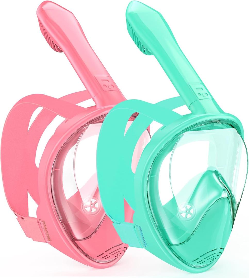 Kids Snorkel Mask Full Face, Snorkeling Gear for Kids 2-14 with Camera Mount, 180 Degree Panoramic View Snorkeling Set Anti-Fog Anti-Leak (Pink+Cyan)