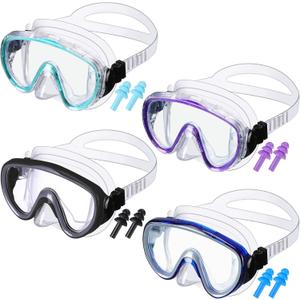 4 Pack Adult Swim Goggles with Nose Cover and Earplugs, Anti Fog Tempered Glass Diving Mask, Wide View Waterproof Snorkeling Goggles for Men Women Teens Swimming Pool Beach Vacation(Cute Color)