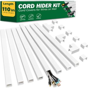 AZEN Cord Hider Kit, 110in Cord Covers for Wires on Wall, Paintable Wire Covers for Cords on Wall, Self-Adhesive Cable Hider Cord Organizer, Wire Hiders, 8X L14in X W0.96in x H0.57in (M-8P)