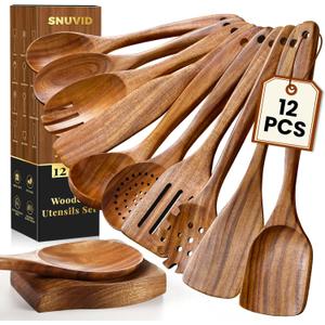 Wooden Spoons for Cooking, 12 Pcs Teak Wood Kitchen Utensils Set with Spoon Rest - Nonstick Heat Resistant Wooden Cooking Utensils, Natural Healthy Spatula Set for Pots and Pans
