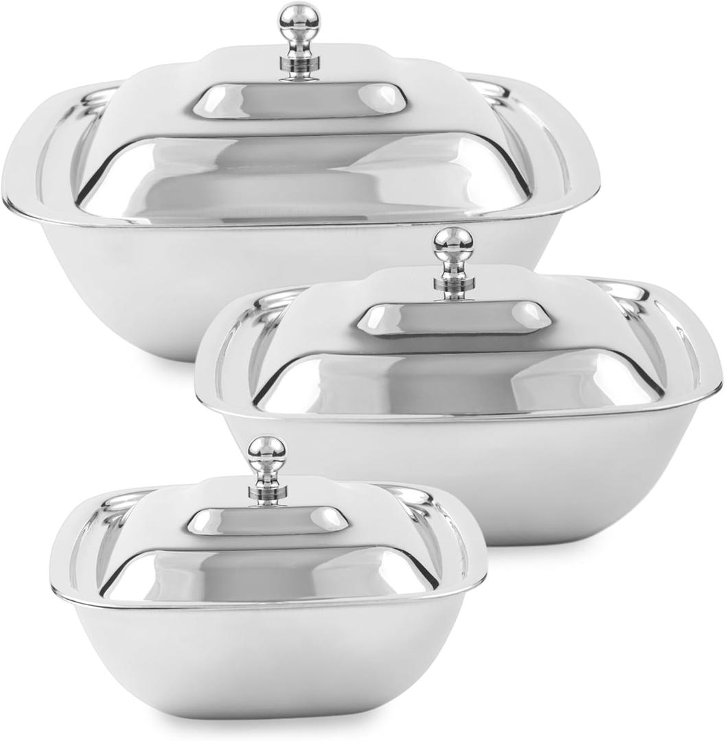CRAFTONE Stainless Steel Square Mixing Bowls Set of 3 with Lid, Ideal for Baking & Serving Salad, Rice, Desert, Food Storage Bowl Set (20 Oz, 30 Oz and 35 Oz)